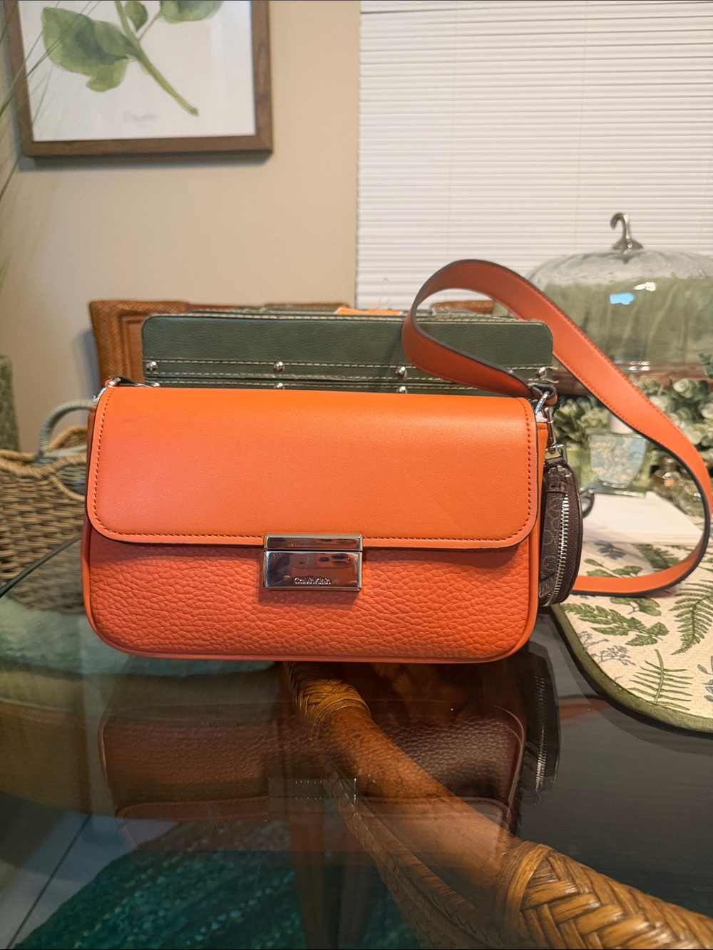 Calvin Klein Orange Pebbled & Smooth Leather Crossbody - BRAND NEW